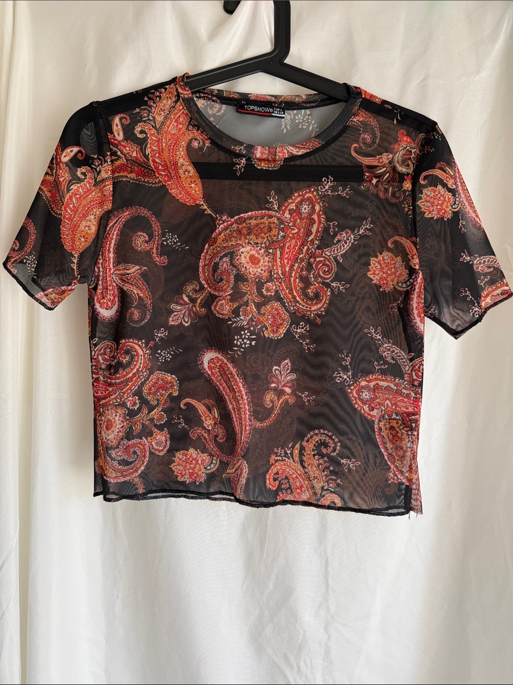 Topshow Black Mesh Paisley Crop Tee with Red-Orange Print